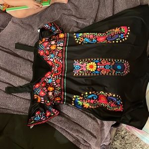Black Mexican flower print dress. Size large.